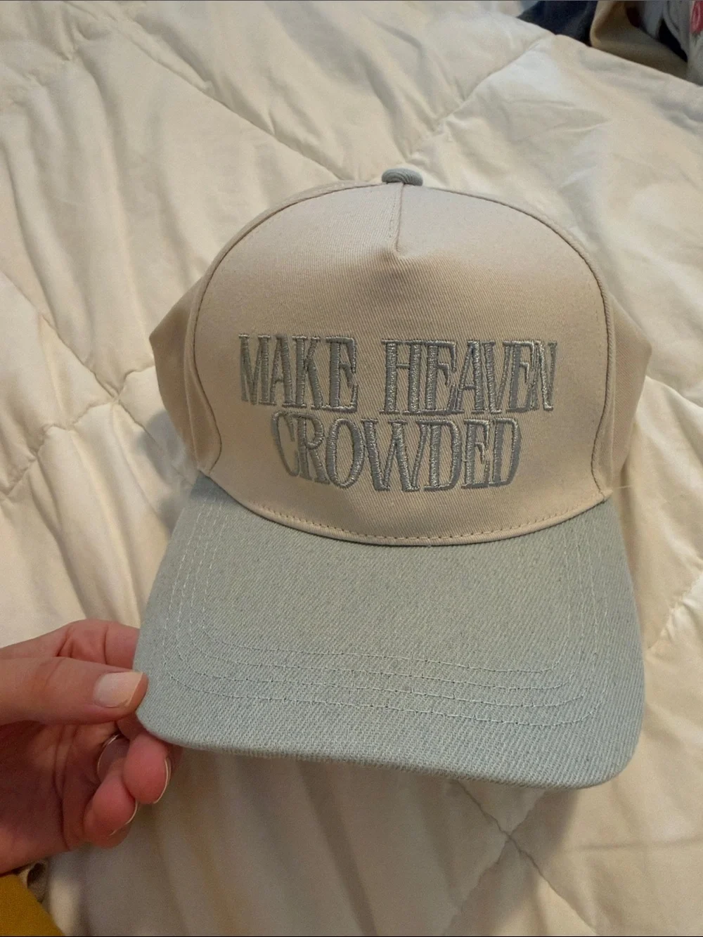 Embroidered 'Make Heaven Crowded' Baseball Cap - Light Beige & Dusty Blue